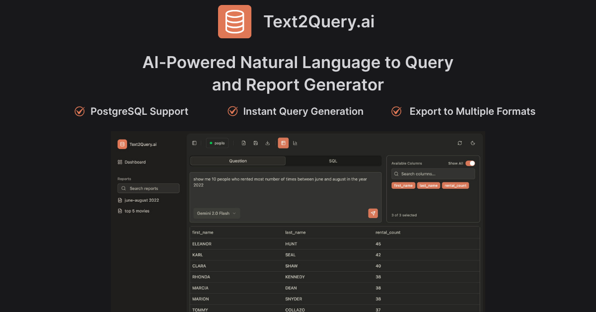 Text2Query.ai - AI-Powered Natural Language to SQL and Report Generator